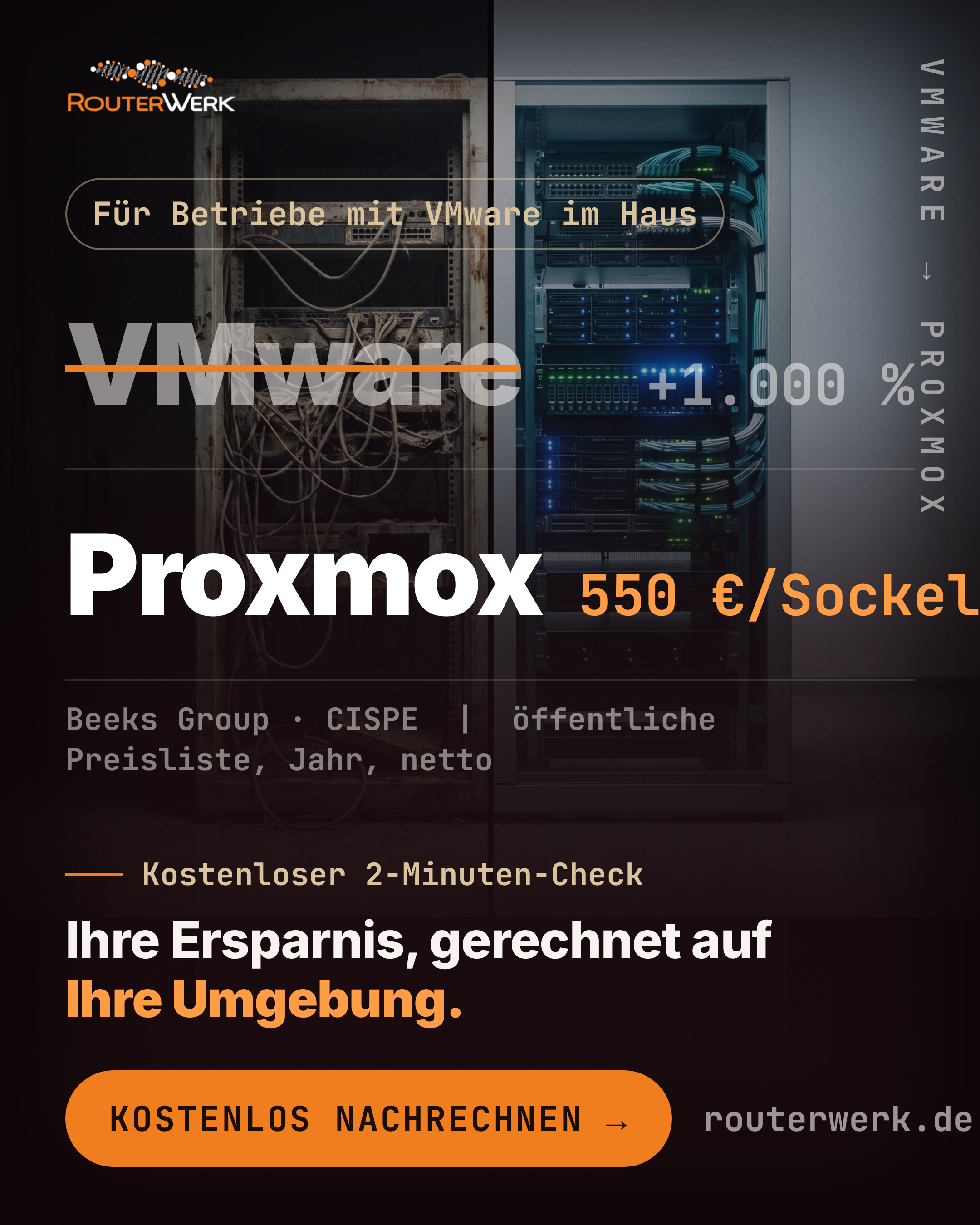VMware durchgestrichen, Proxmox 550 Euro